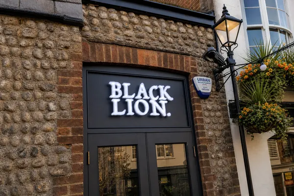 Black Lion lettering over a pub door